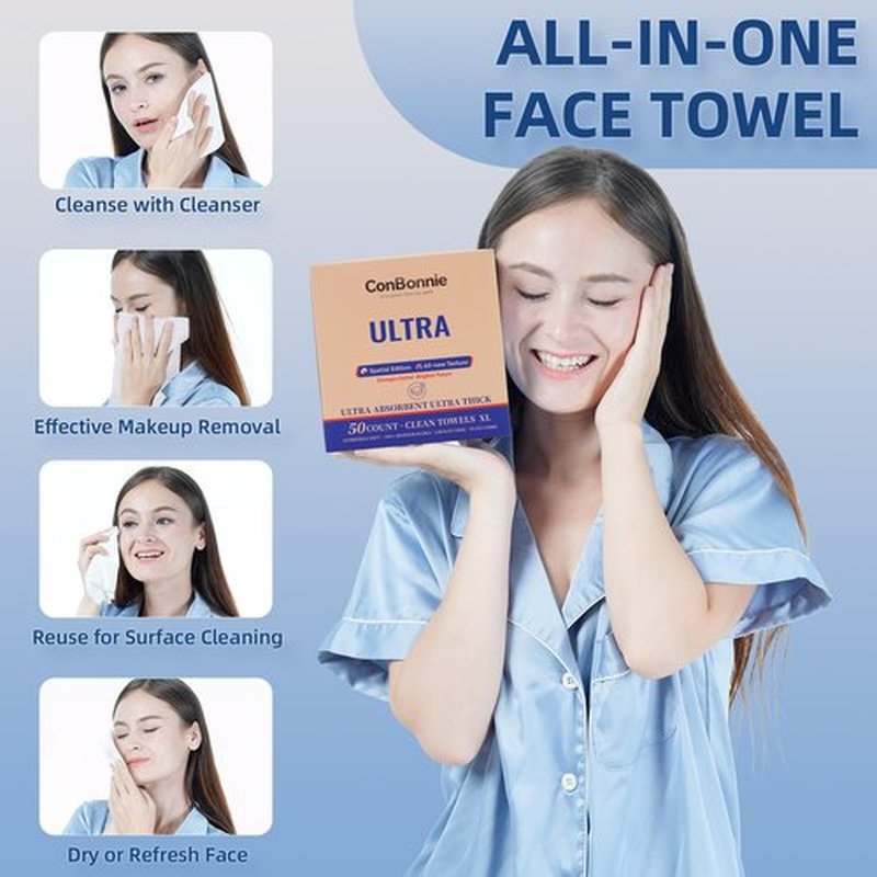 Conbonnie Clean Face Towels XL, Special Ed., 10"×12" Biobased Facial Towels, Disposable Face Towelette, Makeup Remover, L-shaped Textured, Enhanced Cleaning for Skin Care, 50 Count (1 Pack)
