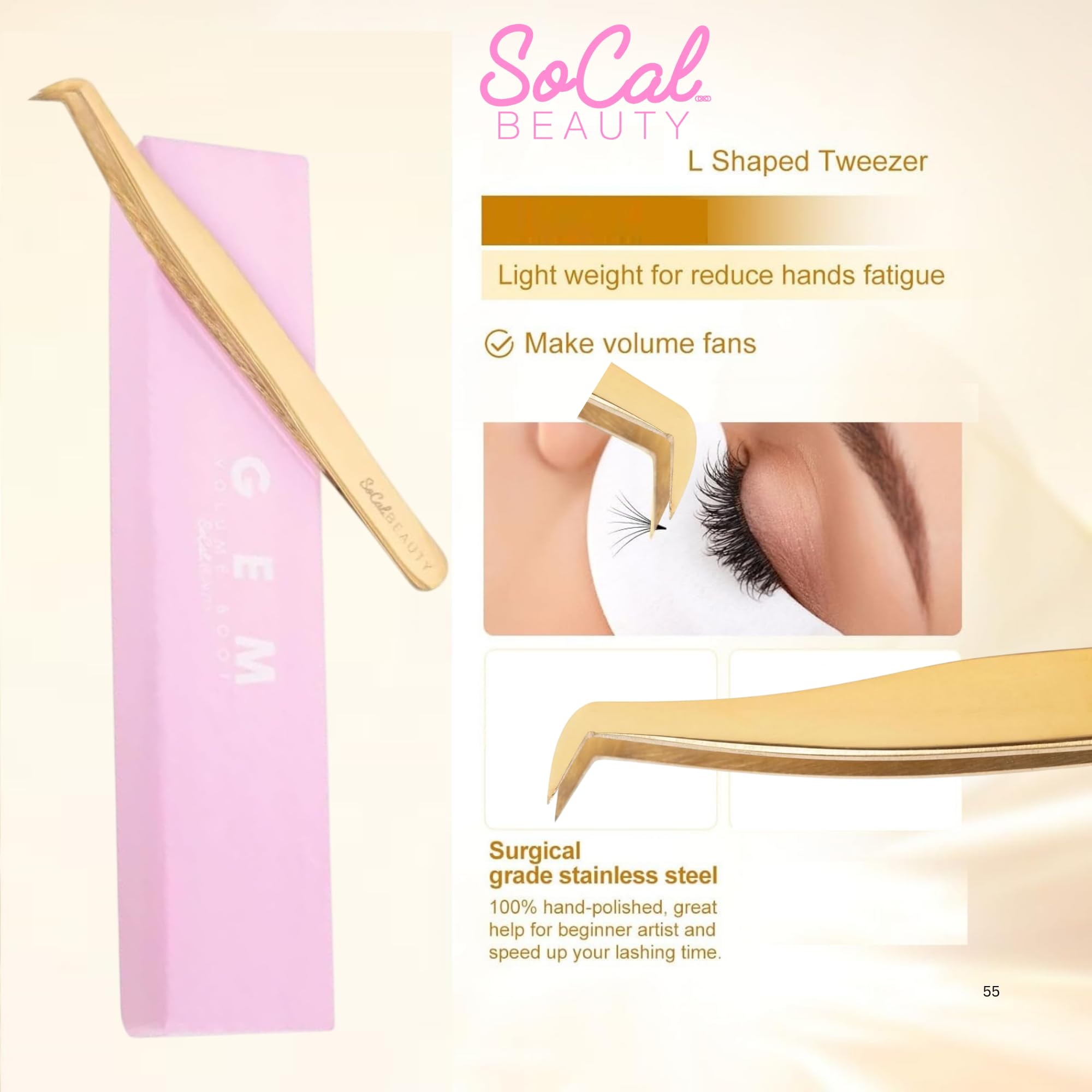 Bae XL Volume Boot Tweezer by SoCal Beauty - Professional Lash Extension Tool for Mega Volume Fans, Extra-Long Gold Tweezers with MM Measurement - Lash Artist Essential