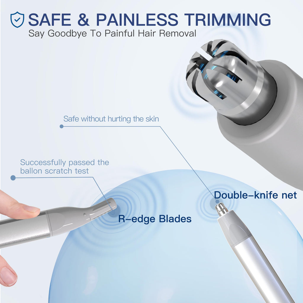 HEBECA Nose Hair Trimmer for Men & Women - 2in1 Rechargeable Ear and Nasal Hair Trimmer, Waterproof Nose Clipper, Electric Eyebrow Trimmer & Facial Hair Remover Grooming Set (Silver Grey)
