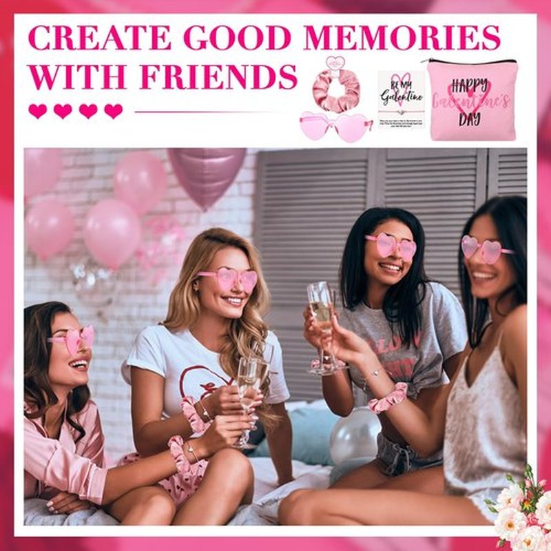 Landical 6 Set Galentine's Day Gift Set Include Makeup Bags Greeting Cards Velvet Hair Scrunchies Bracelets Sunglasses Gifts for Women