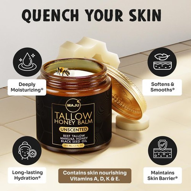 MAJU Beef Tallow Manuka Honey Balm, Unscented (2 oz), Grass-Fed Beef Tallow for Skin with Organic Black Seed Oil, Manuka Honey and Organic Beeswax, Skin and Face Moisturizer for Deep Hydration