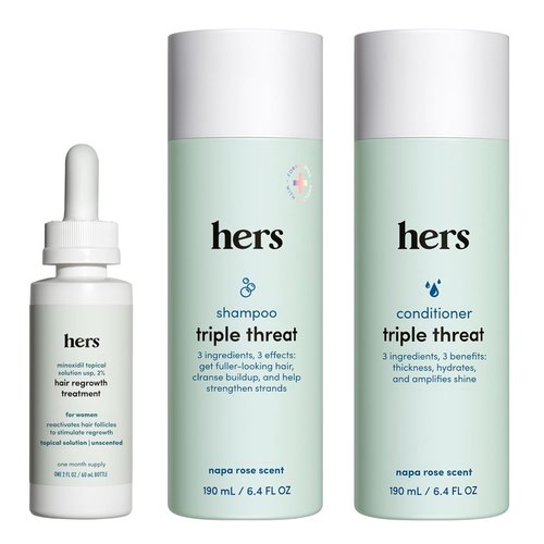 Hers Triple Threat Hair Regrowth Set - Shampoo, Conditioner & 2% Minoxidil - Biotin & Pumpkin Seed Oil - Napa Rose Scent - 3 Count