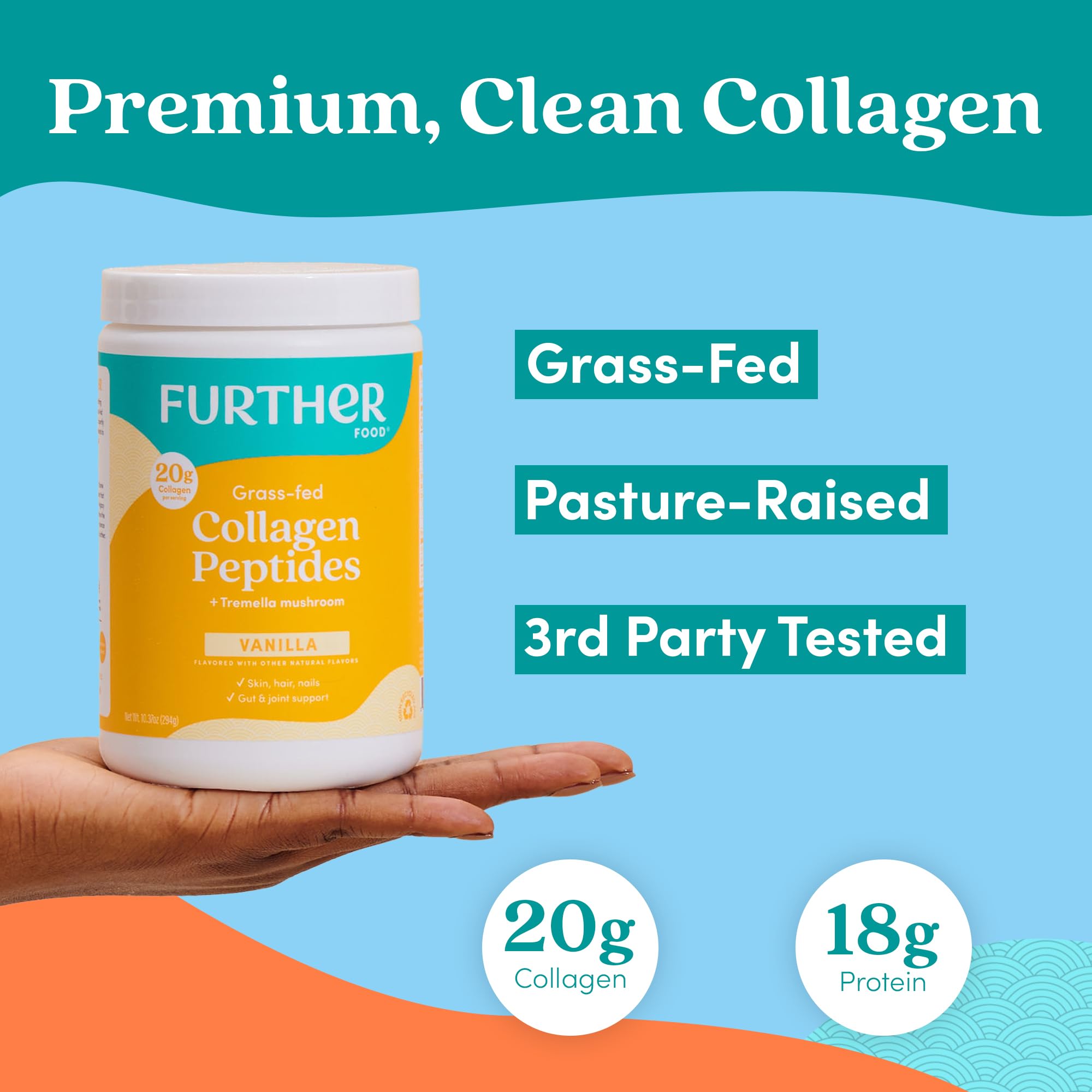 Further Food Vanilla Collagen Peptides Powder with Tremella Mushroom – 100% Grass-Fed, Hydrolyzed Type 1 & 3, 20g of Collagen per Serving, Supports Skin, Hair, Nails & Joints, 22.22 Oz