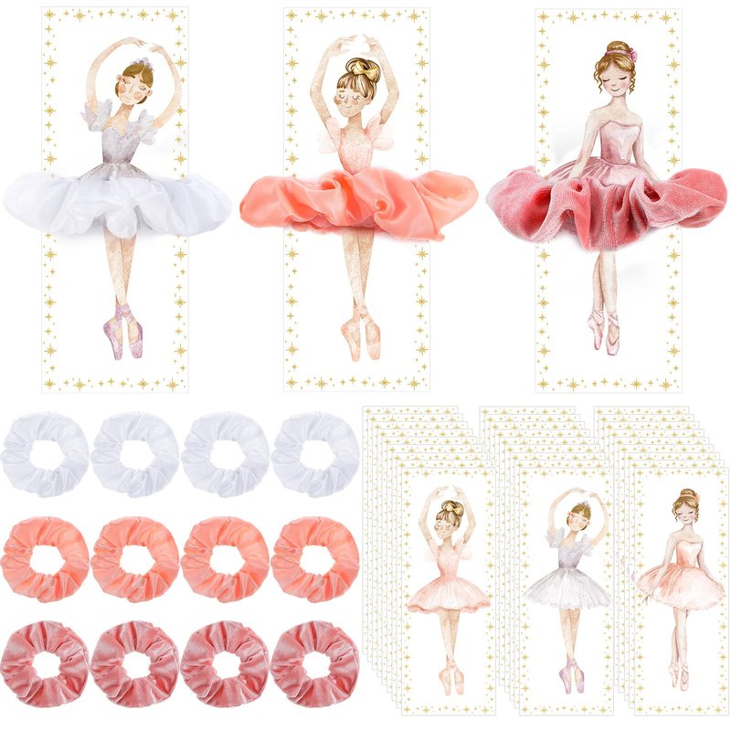 Yuxung 48 Pcs Ballerina Party Favors Ballet Hair Accessories 24 Pcs Pink Scrunchies Bulk 24 Ballerina Thank You Cards Ballet Birthday Party Decorations Hair Ties Kits for Women Dance Recital Gifts