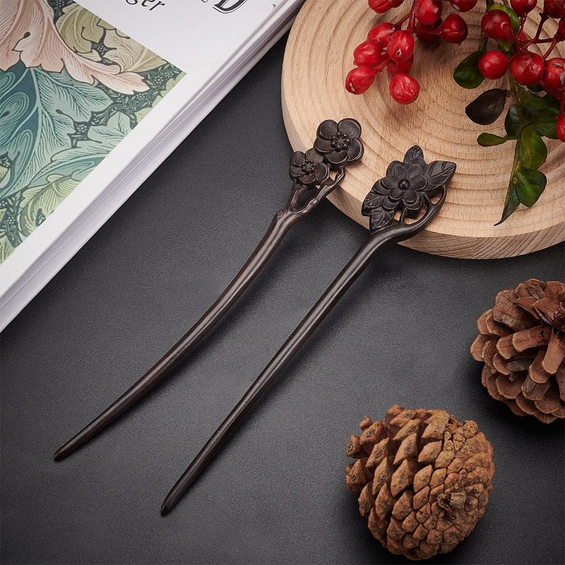 WEBEEDY 2 PCS Wooden Hair Stick for Buns, Handmade Carved Hairpin Hair Fork Vintage Chinese Hair Chopsticks for Women Long Hair Christmas Unique Gifts Hair Updo Making Accessories (Lotus,Plum Blossom)