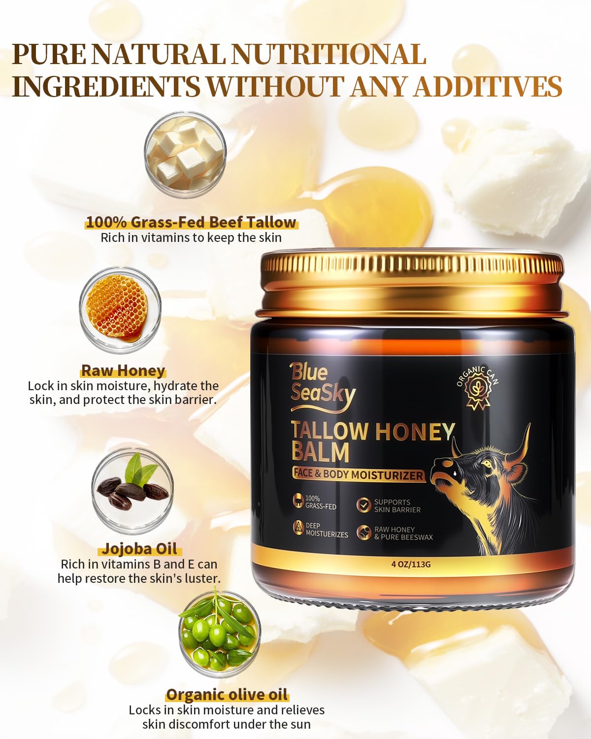 Blue Sea Sky Whipped Grass Fed Beef Tallow Balm with Raw Honey, Tallow Moisturizer for Dry Sensitive Skin, Redness Itch Relief, Eczema Rosacea Support, Non-Comedogenic Face & Body Skin Care