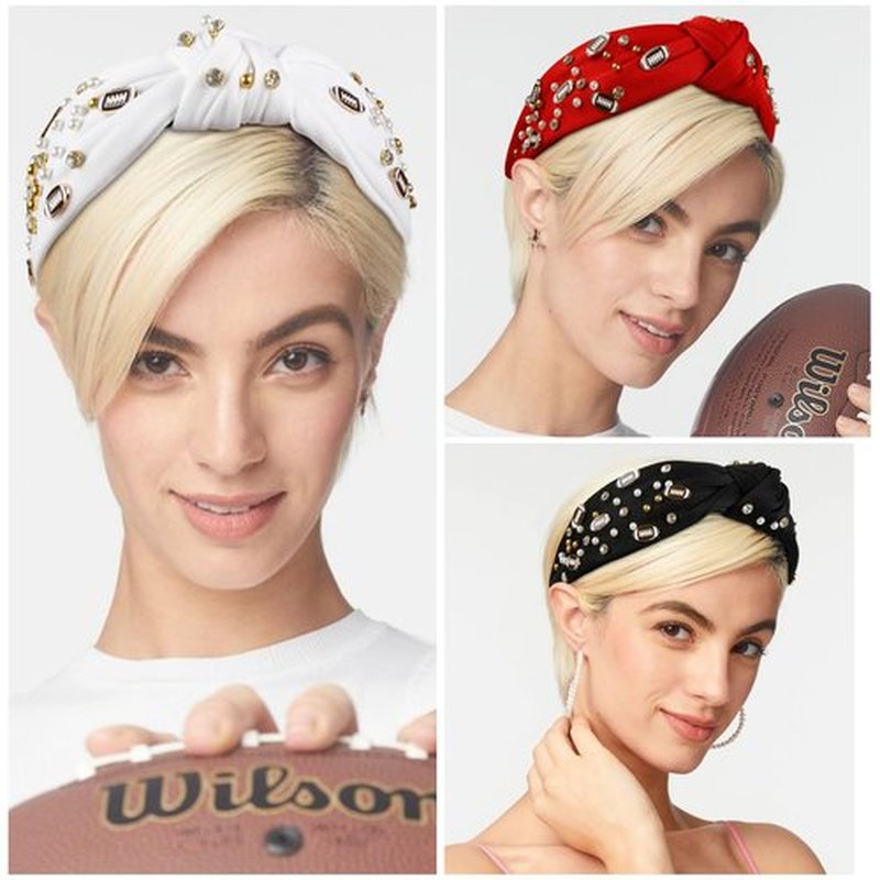 Huachi Football Headband for Women Game Day Hair Accessories: Football Mom Essentials - Rhinestone Pearl Knotted Head Band for Women Non Slip, White