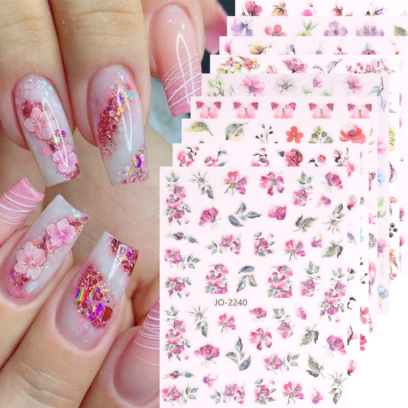 YOSOMK 3D Flower Nail Stickers Decals 9 Sheets Flower Self-Adhesive Nail Decals Spring Flower Nail Stickers for Nail Art Colorful Nail Supplies Accessories for Women French Nail Design Decoration