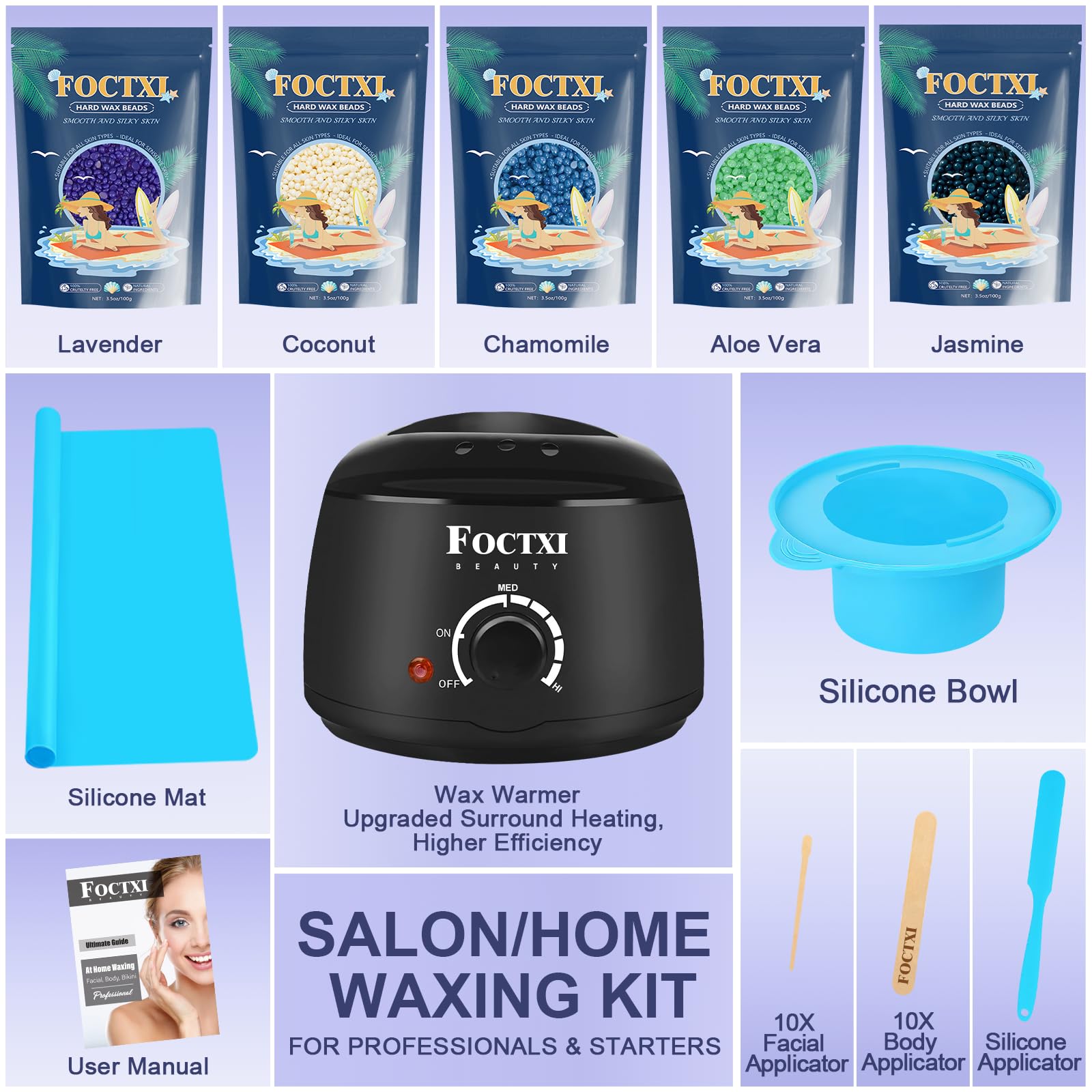 FOCTXI Waxing Kit for Women and Men, Wax Warmer Hair Removal for Sensitive Skin at Home with Beads & Silicone Pot, Hard Wax Warmer for Face, Body and Legs, Machine, 5 Pack Beads, Accessories