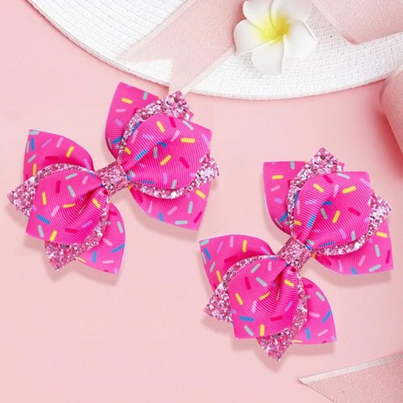 4 Inch Glitter Sprinkle Confetti Birthday Hair Bow Clips for Girls - IKOLA Handmade Grosgrain Ribbon Bows | Non-Slip Alligator Barrettes Hair Accessories for Birthday, Ice Cream & Candy Party