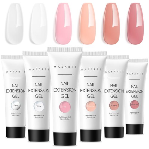 Makartt Poly Nail Gel Kit - 6 Neutral Colors for Extension Nails, Long Lasting Poly Nail Gel Set, Natural-looking, Strong Builder Enhancement for Salon Manicure DIY at Home 15ML Clear White Nude Pink