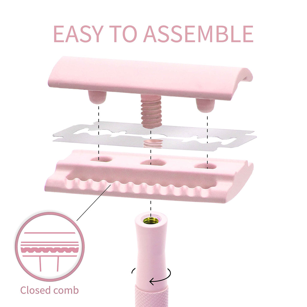 Bambaw Double Edge Safety Razor for Women With 5 Blades - Single Blade, Plastic Free Eco Razor, Reusable - Pink
