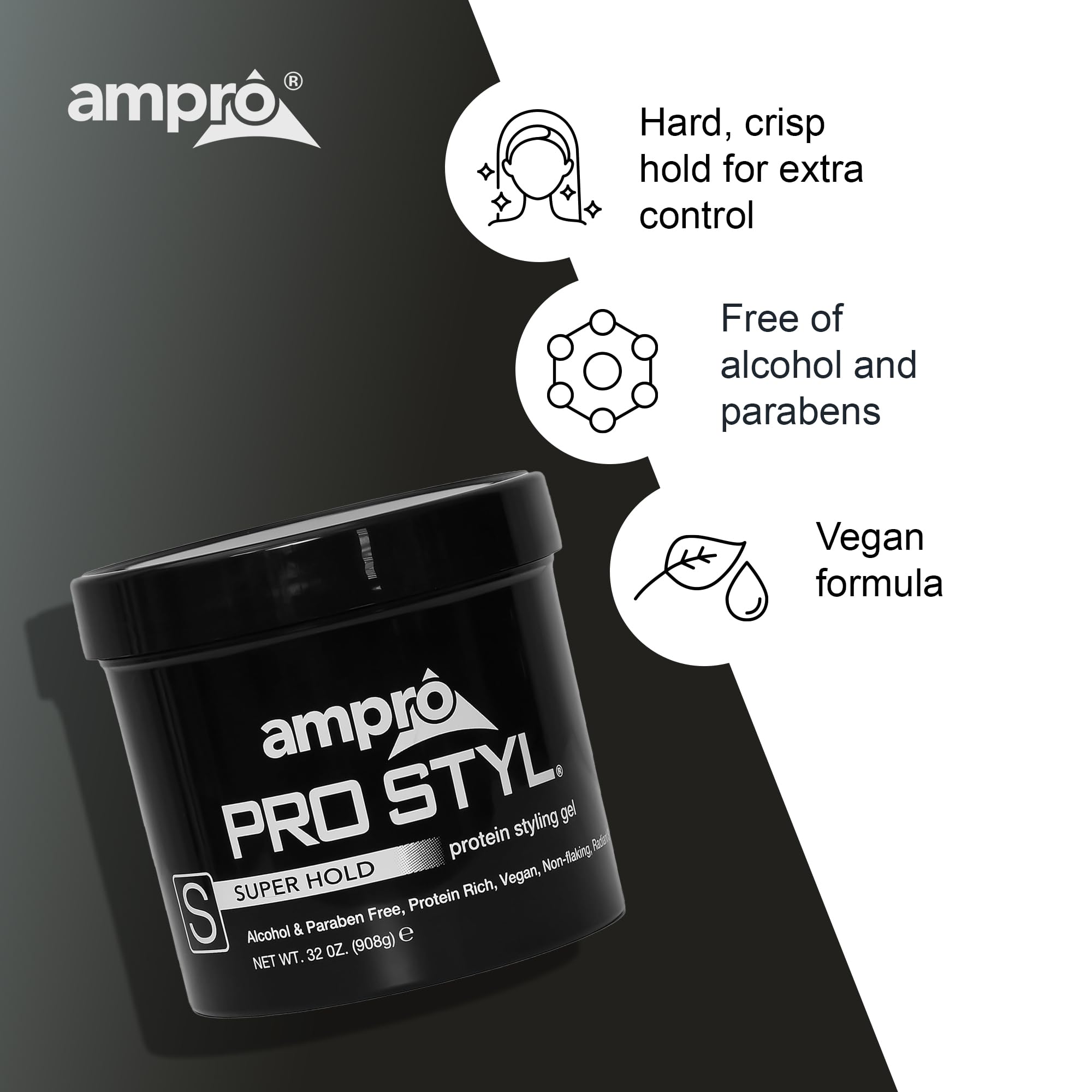 AmPro Pro Styl Styling Gel - Protects and Strengthens Your Strands - Non-Flaking, Alcohol Free, Vegan Formula - Flexible, Touchable Hold for All Hair Textures - Super Hold - 32 oz