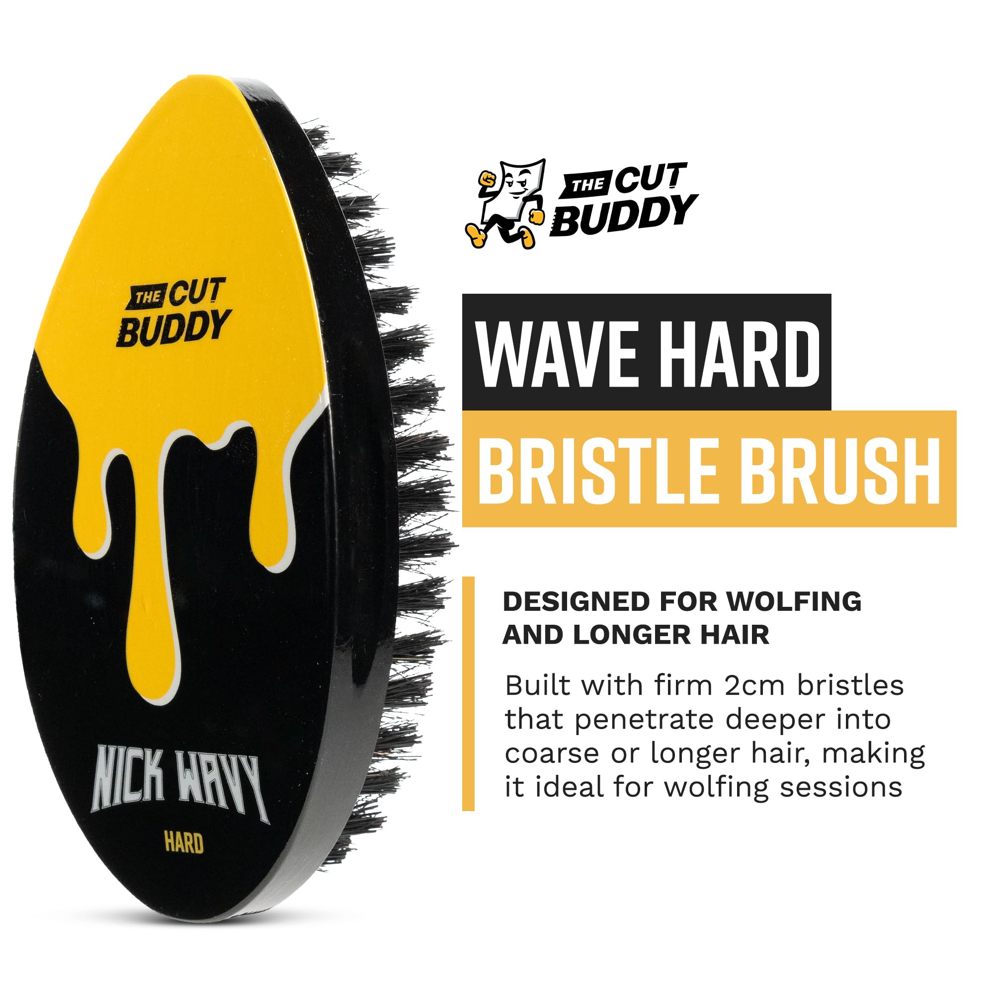 The Cut Buddy Nick Wavy Collection 360 Wave Hard Bristle Brush, Deep Penetration for Wolfing and Crown Definition, Ergonomic Grip, 7 Row