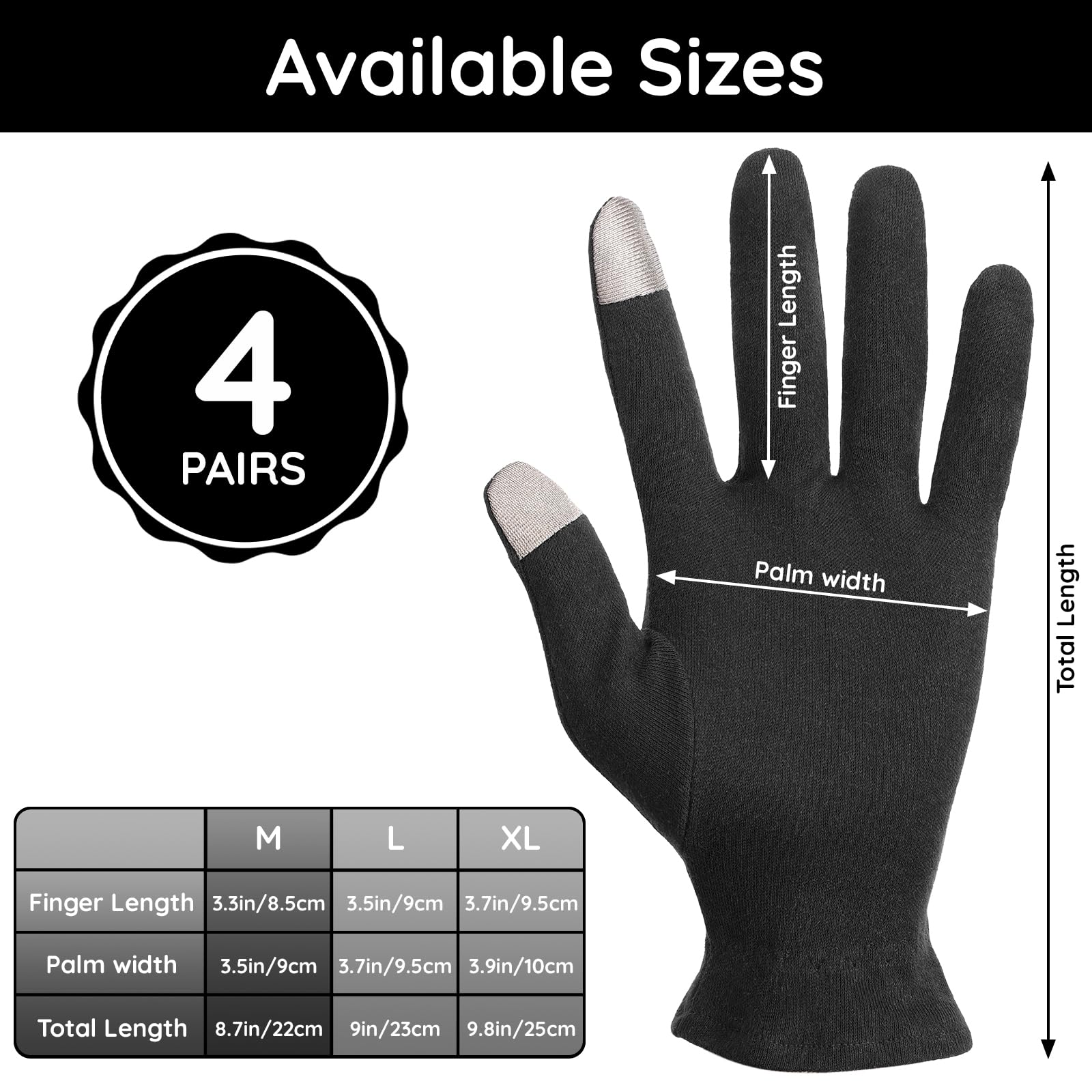 Segbeauty 8 Counts Black Cotton Gloves Touchscreen for Women and Men, 4 Pairs Hand Moisturizer Gloves with Elastic Band, Soft Sleeping Glove for Dry Hands Overnight, Spa Lotion Cotton Glove Liners