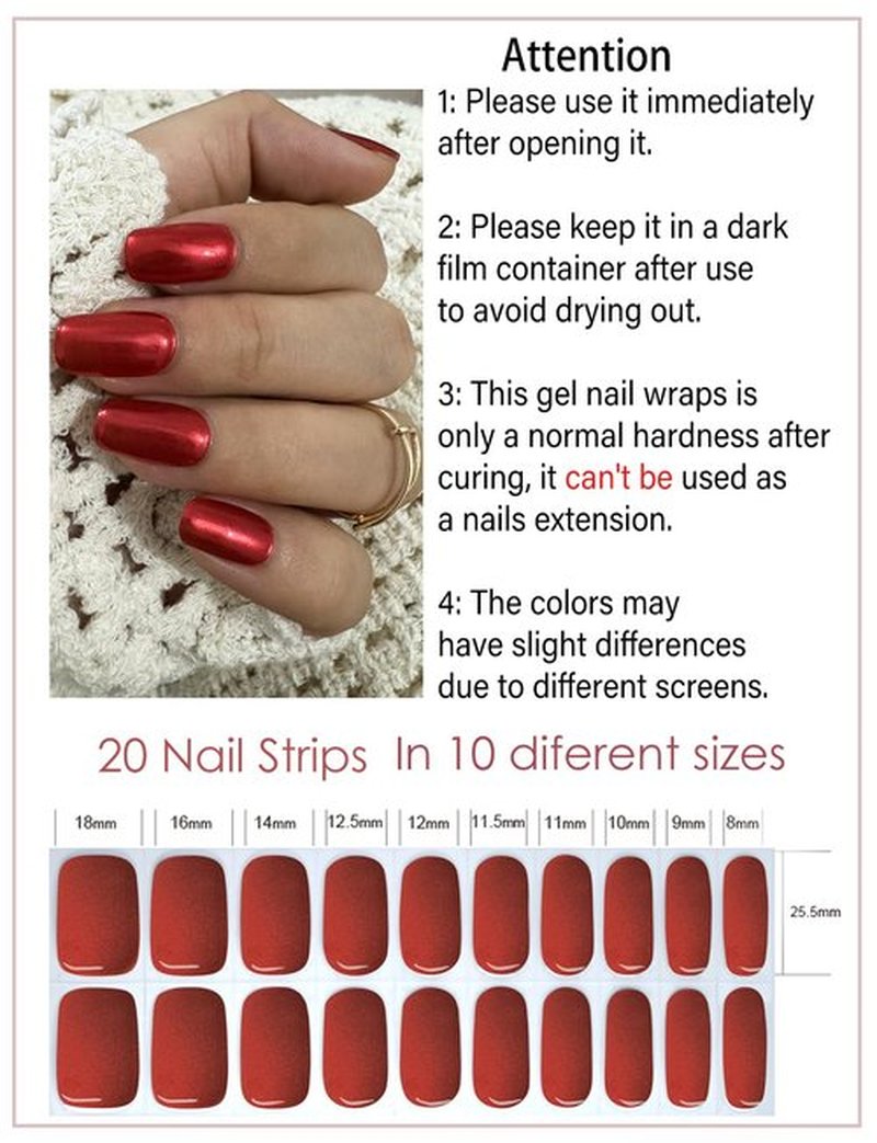 Semi Cured Gel Nail Strips, Red Chrome 20pcs Adhesive UV Sticker, Wraps for Home Manicure DIY