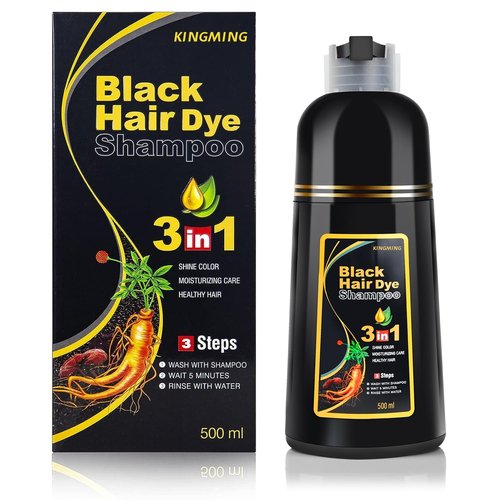 KINGMING Black Hair Dye Shampoo for Gray Coverage, 3 in 1 Herbal Instant color with 100% Cover for Women & Men (500ml)
