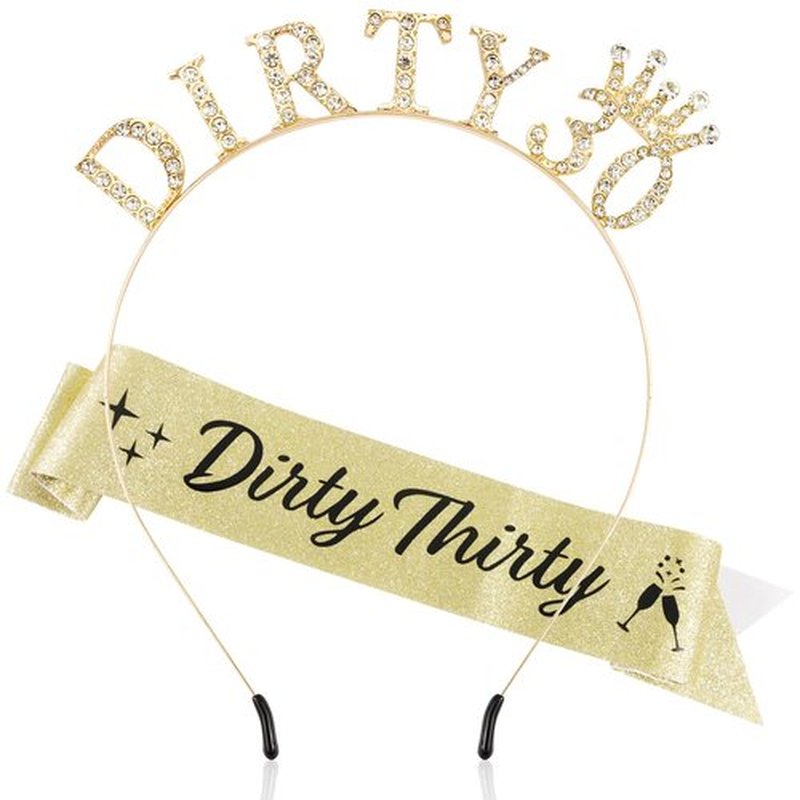 Atoden 30th Birthday Decorations for Her 30th Birthday Sash and Crown Dirty 30 Tiara Headband Dirty Thirty Queen Crown Gifts for 30 Year Old Women Gold