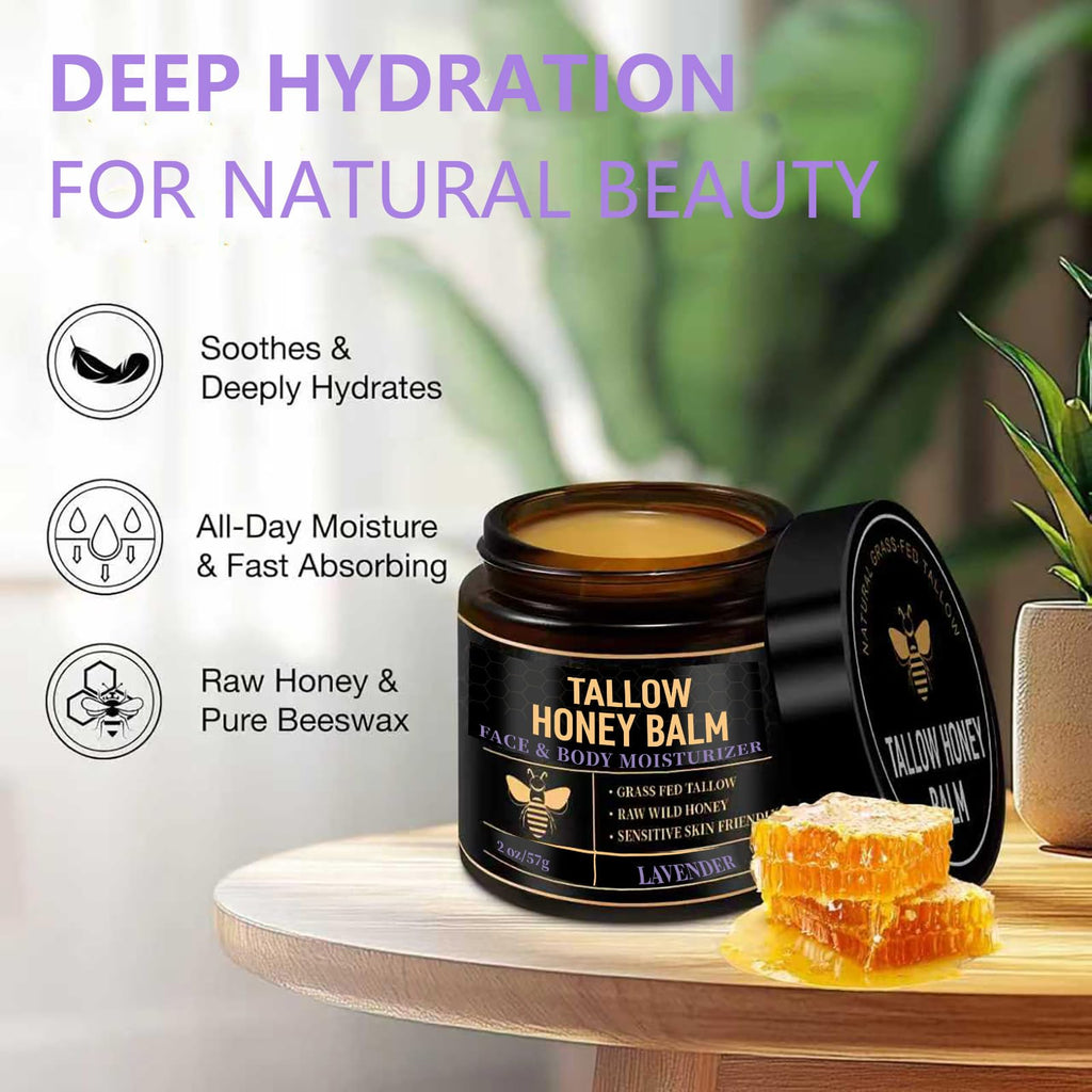 UMHWYZW 2 PCS Tallow and Honey Balm for Face with Lavender Aroma, Organic Grass Fed Beef Tallow for Skin Care for Men Women, Natural Body Moisturizer Cream for Dry Skin(Lavender)
