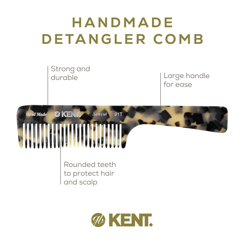 Kent 91T TW Detangler Comb for Women, Wide Tooth Hair Comb for Curly and Wavy Hair - for use in Dry or Wet Hair, Large Handle Shower Comb for Effective Detangling, Handmade Sawcut and Polished