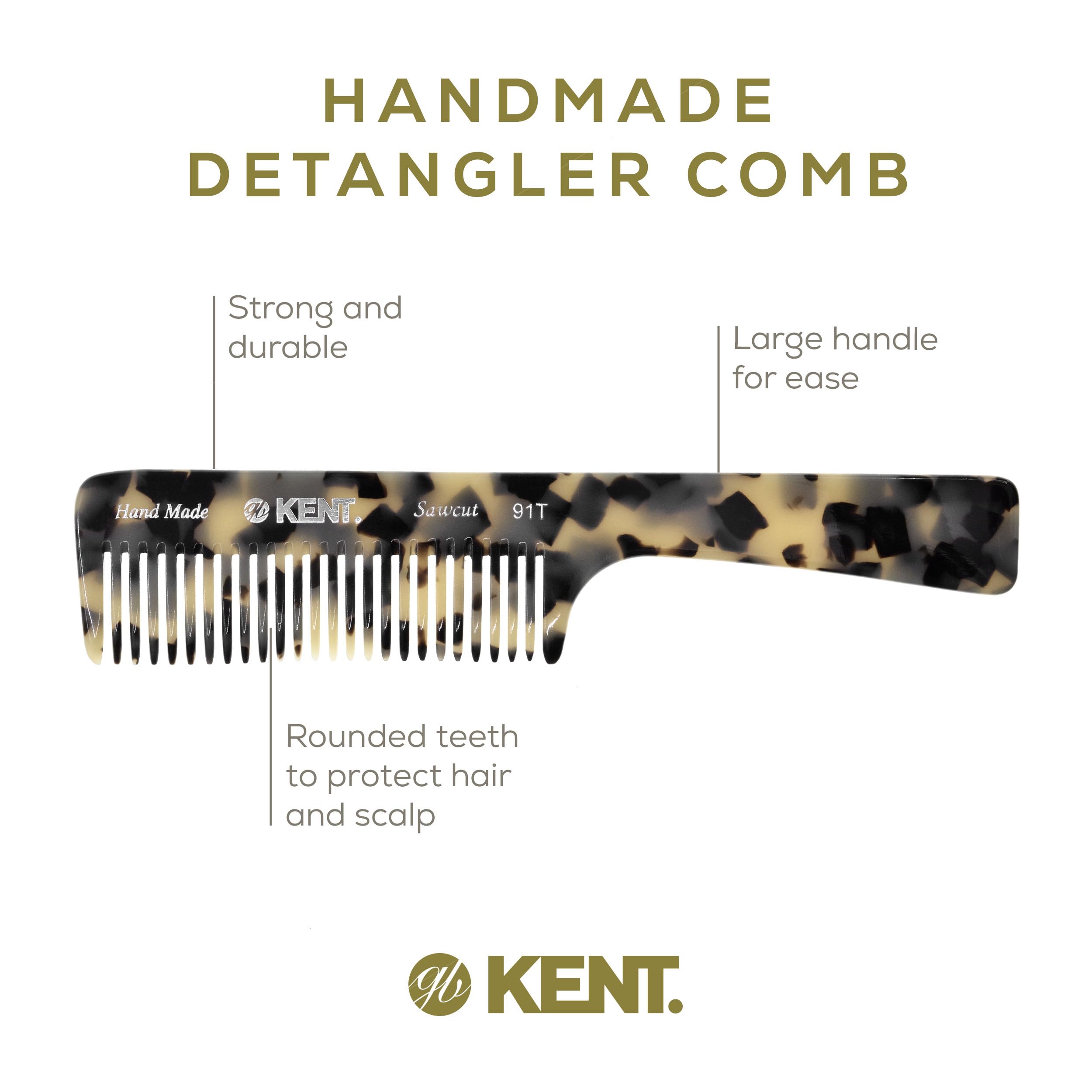 Kent 91T TW Detangler Comb for Women, Wide Tooth Hair Comb for Curly and Wavy Hair - for use in Dry or Wet Hair, Large Handle Shower Comb for Effective Detangling, Handmade Sawcut and Polished