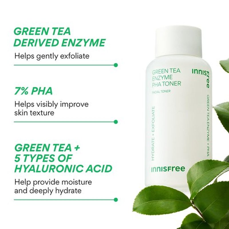 innisfree Green Tea Enzyme PHA Toner with Hyaluronic Acid, Hydrating Korean Exfoliating Essence for Smooth, Glowing Skin