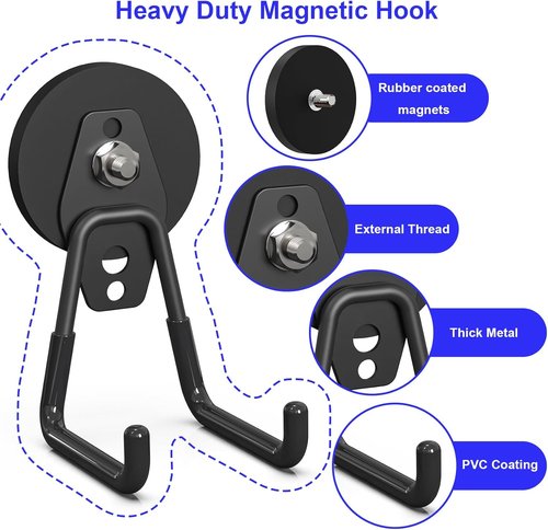 Skiennix Heavy Duty Magnetic Utility Hooks - Anti-Slip Coating for Garage & Storage | 3PCS, 2.59'' Black