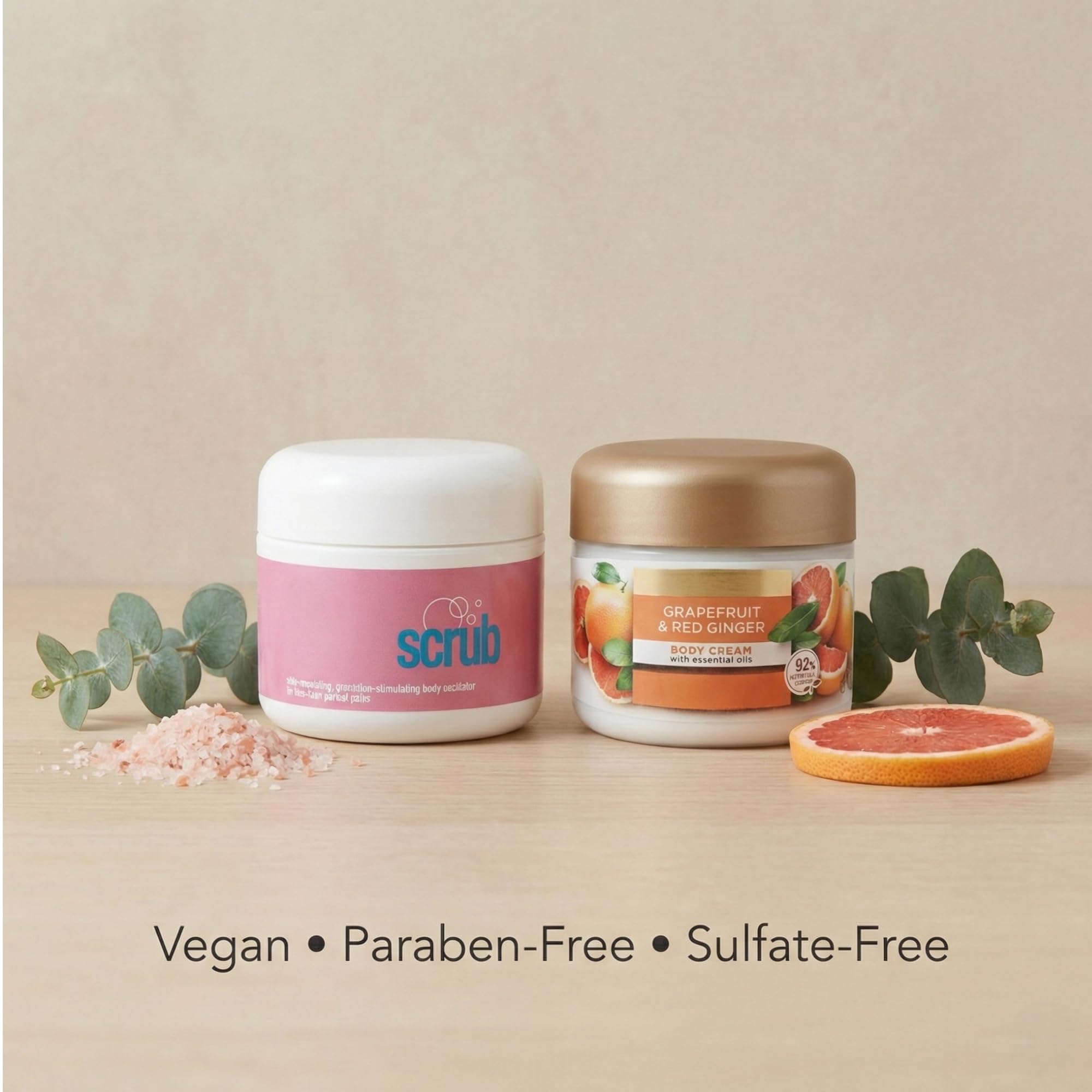 Naturally Inspired Himalayan Pink Body Scrub And Grapefruit Red Ginger Cream Duo, Sugar Scrub Body Exfoliator Set For Smooth, Nourished, Hydrated Skin