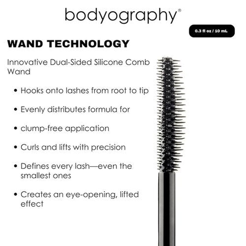 Bodyography Jet-Black Lengthening Mascara - Dual-Sided Silicone Comb for Volume & Lift | Smudge-Free, Conditioning Formula
