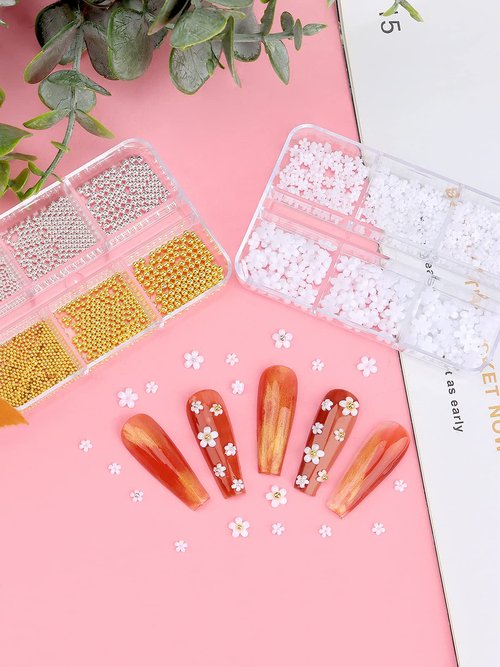 TOROKOM 3D Flower Nail Art Charms, White Acrylic Flower Rhinestones Metal Caviar Beads Nail Supplies Decorations for Women Girls Nail DIY