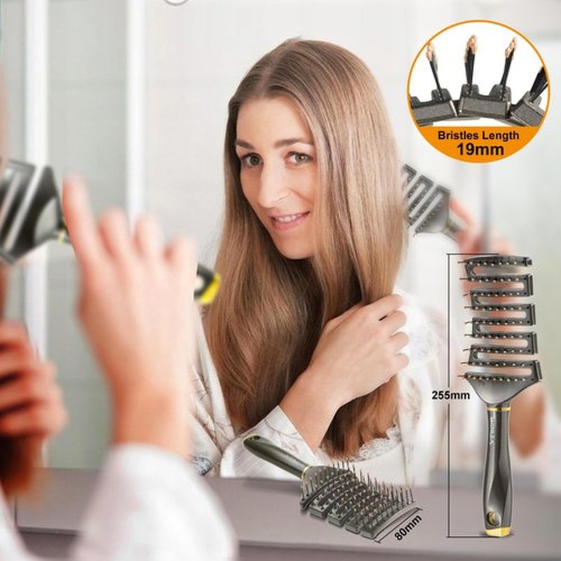 SHINLEA Curved Detangling Brush for Curly Hair, Professional Vented Anti-Tangle Brush for Wet & Dry, Ideal for Textured 2A to 4C Hair and Thick Blow Drying