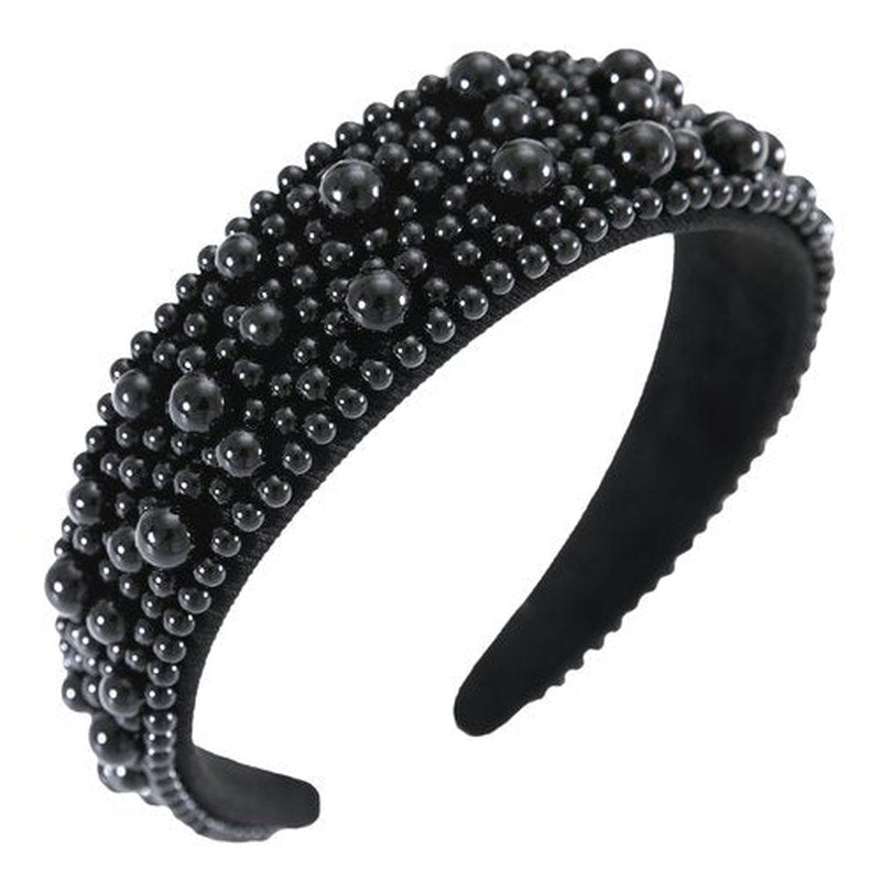 Gmmidea Wide Pearl Headbands for Women Little Girls Beaded Padded Headband Fashion Elegant Bridal Headband Holiday Decorative Hairband Cute Hair Accessories C-Black