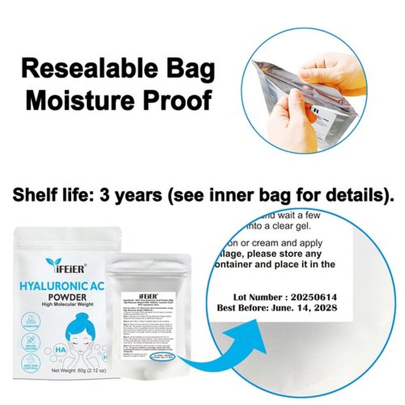 iFEiER Hyaluronic Acid Powder | High Molecular Weight Hyaluronic Acid Serum Powder | 60g(2.12oz) Cosmetics Grade | Sodium Hyaluronate HA | LMW HMW Hyaluronic Acid ingredient for DIY Serums