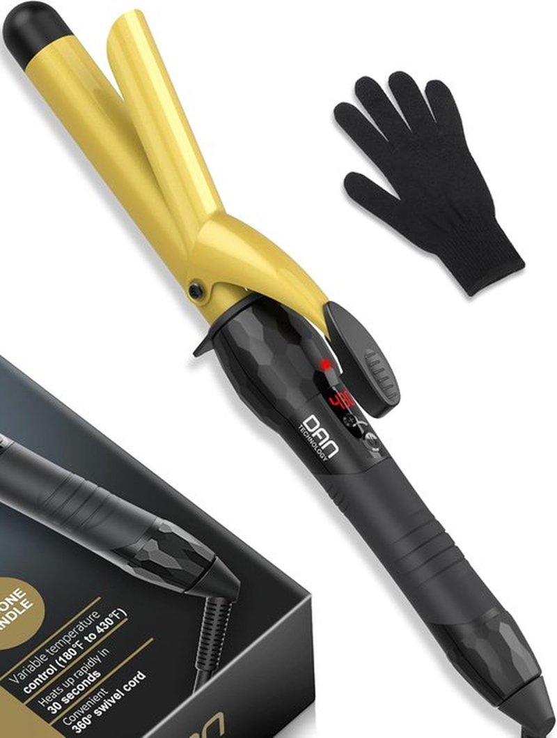 DAN Technology Curling Iron Wand - 1 Inch Tourmaline Ceramic Curler with LCD Display, Fast Heating, Black & Gold