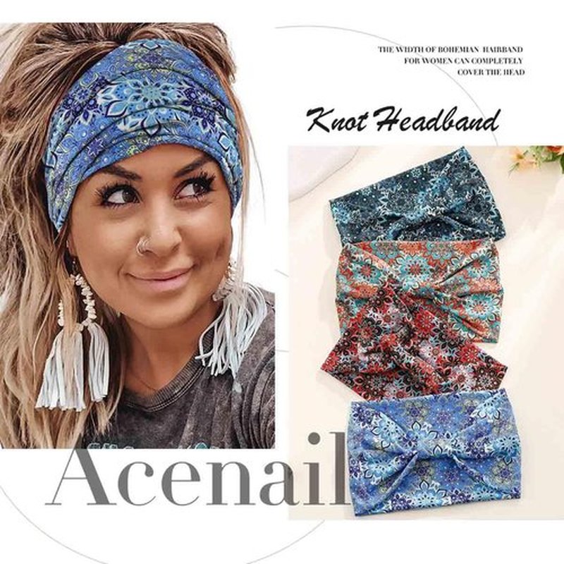 Acenail Wide Headbands Women Boho Turban Knotted Headband Floral Elastic Non Slip Hairband Workout Yoga Head Scarfs Bohemian Headwraps Fashion Hair Accessories for Women 4Pcs (Floral)
