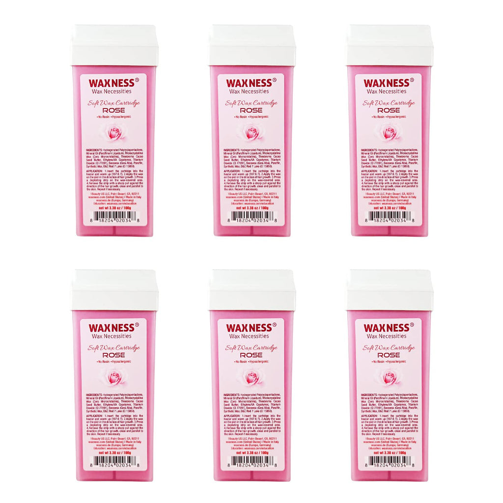Waxness Soft Wax Cartridge Rose – Pack of 6 × 3.38 oz (96 g) – Professional Strip Wax Roll-On for Face & Body – Made in Italy