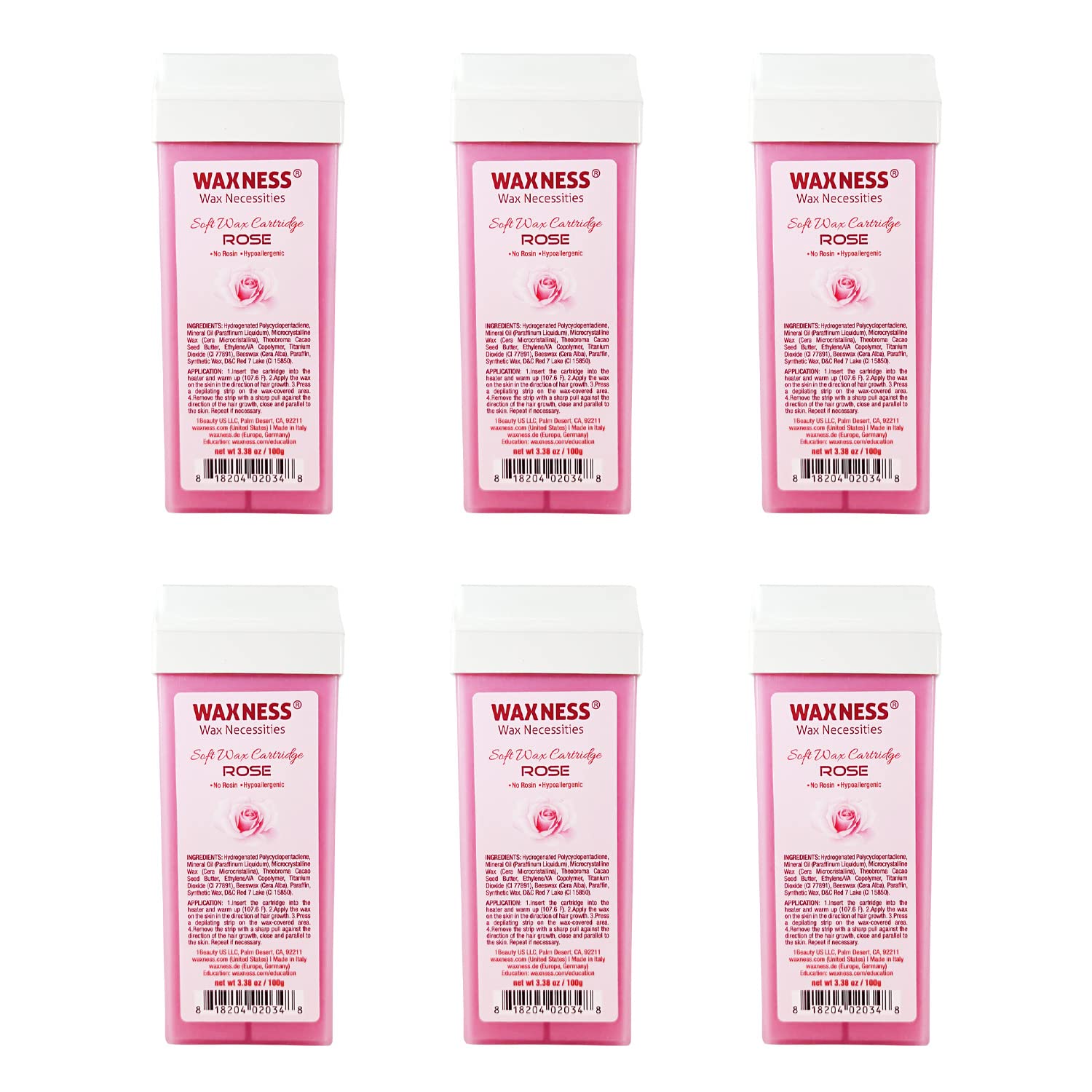 Waxness Soft Wax Cartridge Rose – Pack of 6 × 3.38 oz (96 g) – Professional Strip Wax Roll-On for Face & Body – Made in Italy
