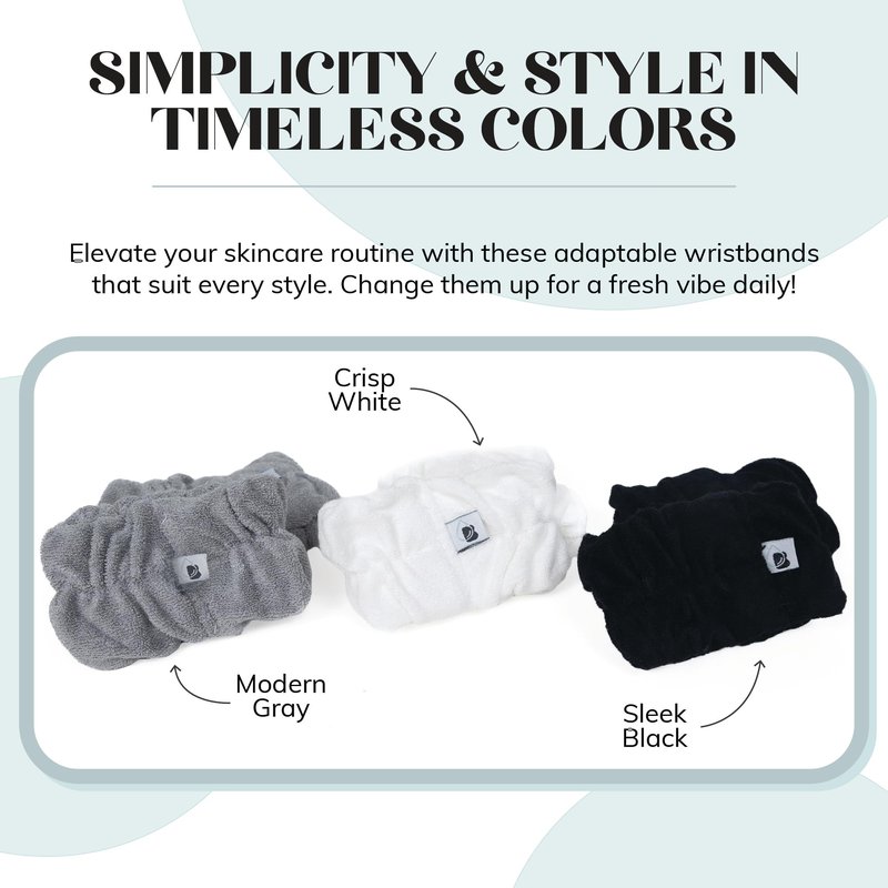 Wrist Bands for Washing Face (6pcs) – Soft, Absorbent Bamboo Viscose & Polyester Spa Wristbands Prevent Water from Spilling Down Arms | Fast-Drying, Shed-Free Cuffs in Black, White, Gray