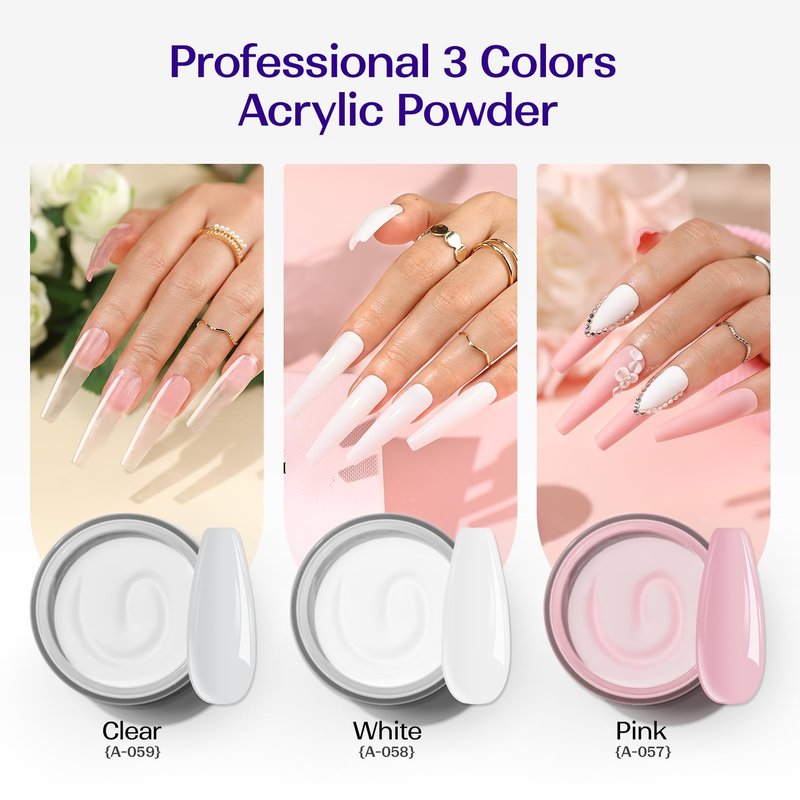 VANSISOS Acrylic Nail Kit for Beginners: Clear White Pink Powder and Liquid Set Professional Nails Kit Acrylic Set with Brushes for Home DIY