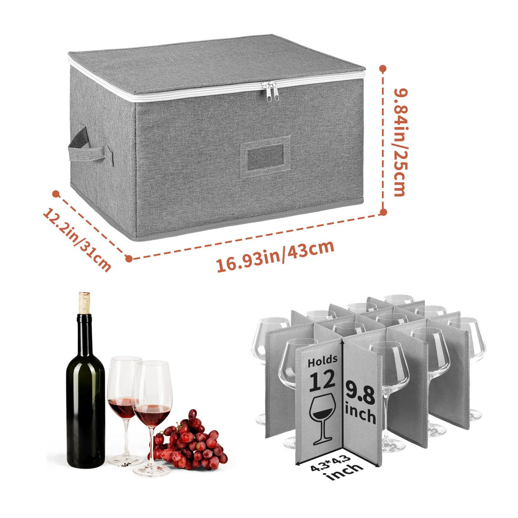 BOHEMIABY Wine Glass Storage Box Holds 12 - Stackable Hard Shell Organizer with Adjustable Dividers for Champagne Flutes & Crystal, Label Window, Durable Protector Case