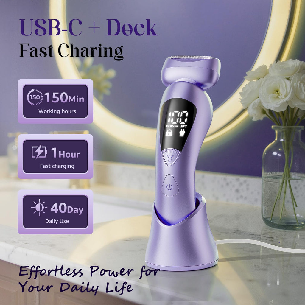 rategist Cordless Electric Razors for Women: Rechargeable Painless Bikini Trimmer for Body Hair - 𝐈𝐏𝐗𝟕 𝐖𝐚𝐭𝐞𝐫𝐩𝐫𝐨𝐨𝐟 Shaver with 𝐋𝐄𝐃 𝐃𝐢𝐬𝐩𝐥𝐚𝐲 for Face/Underarm/Leg Deep Purple