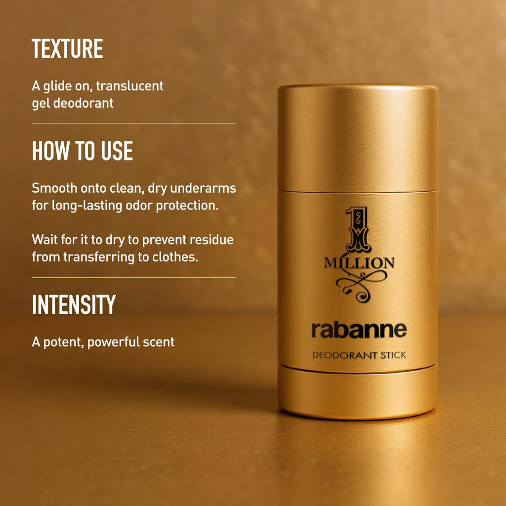 Rabanne 1 Million Deodorant Stick for Men - Luxury Fragrance Solid Deodorant with Fresh Leather, Warm Spice & Sensual Musk, Long-Lasting Freshness & Skin Protection, 2.2 oz