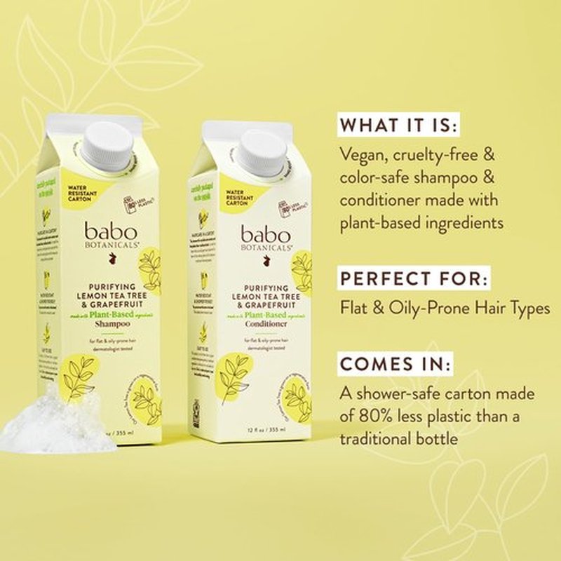 Babo Botanicals Purifying Lemon Tea Tree & Grapefruit Shampoo - Bundle with Conditioner for Oily Hair | Adds Body & Shine