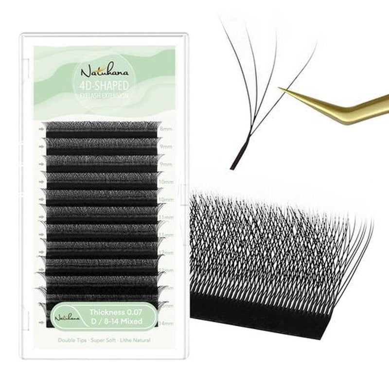 NATUHANA Eyelash Extensions 0.07 D Curl 8-14mm W Shaped Clover Classic Easy Fan Permanent Volume Lash Extensions Automatic Blooming Flower Lash,Professional Supplies for Lash Techs(4D,0.07-D,8-14 Mix)