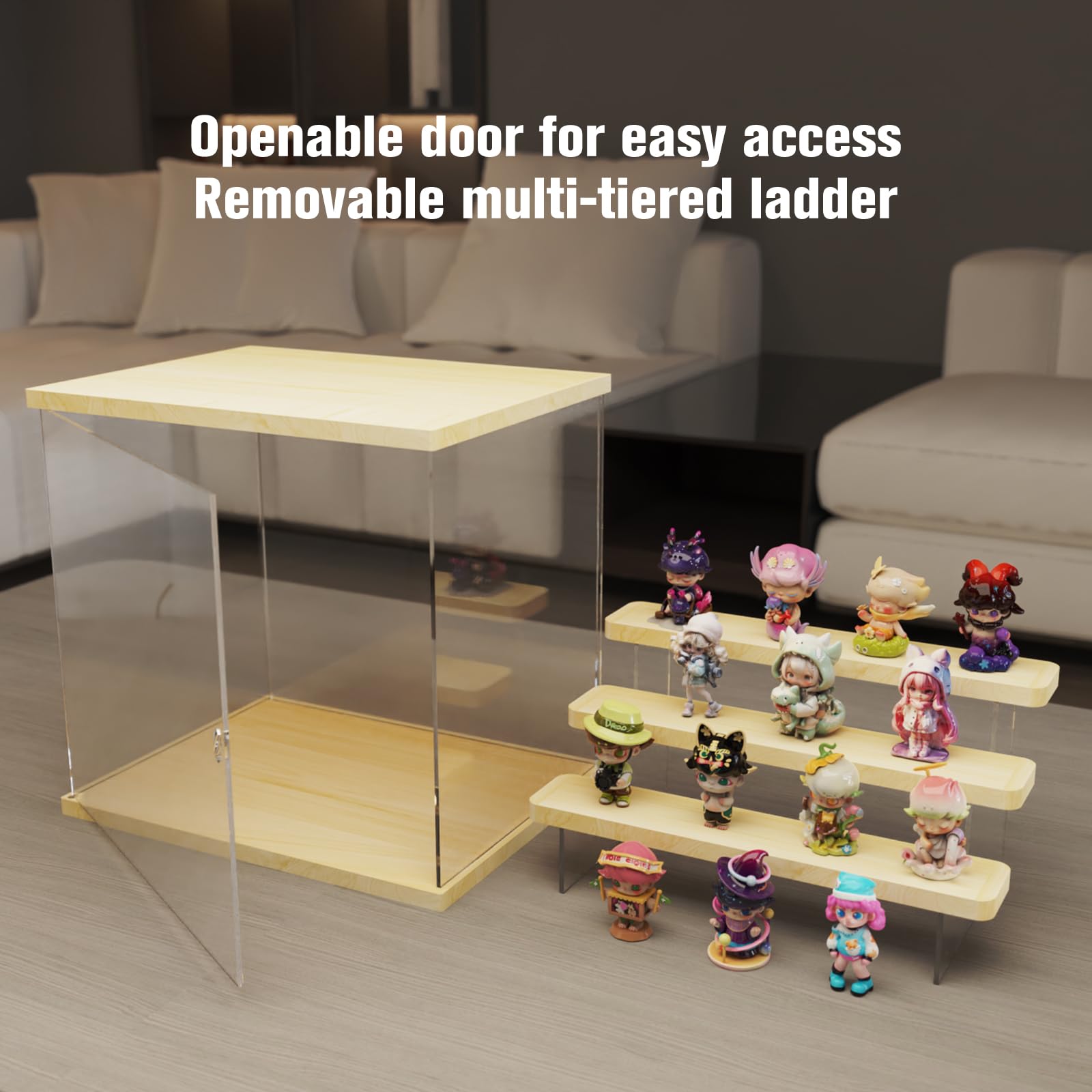 Nynelly Acrylic Lighted Display Case for Collectibles, 4 Tier Figure Display Box with Door and Steps, Assemble Dustproof LED Showcase Storage Box for Mini Figures, Funko Pop, Toys, Wood Color