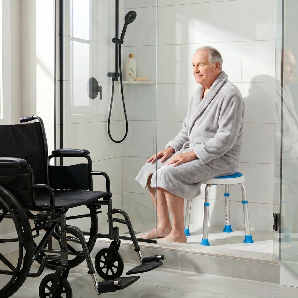 Vaunn Medical Tool-Free Assembly Adjustable Swivel Shower Stool Seat Bench with Anti-Slip Rubber Tips for Safety and Stability