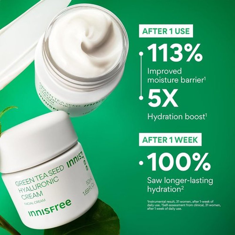 Innisfree Green Tea Seed Hyaluronic Acid Cream - Hydrating Korean Face Moisturizer with Ceramide | Jumbo Size Available