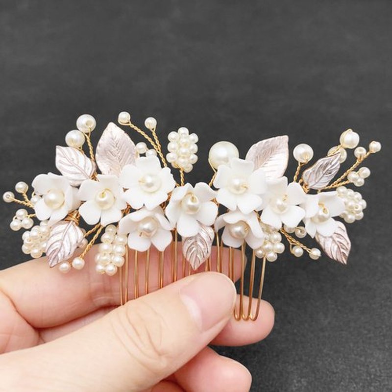 BETITETO Bridal White Hair Comb Pearl Leaf Ceramic Flower Hair Pin Piece Accessories for Wedding Women