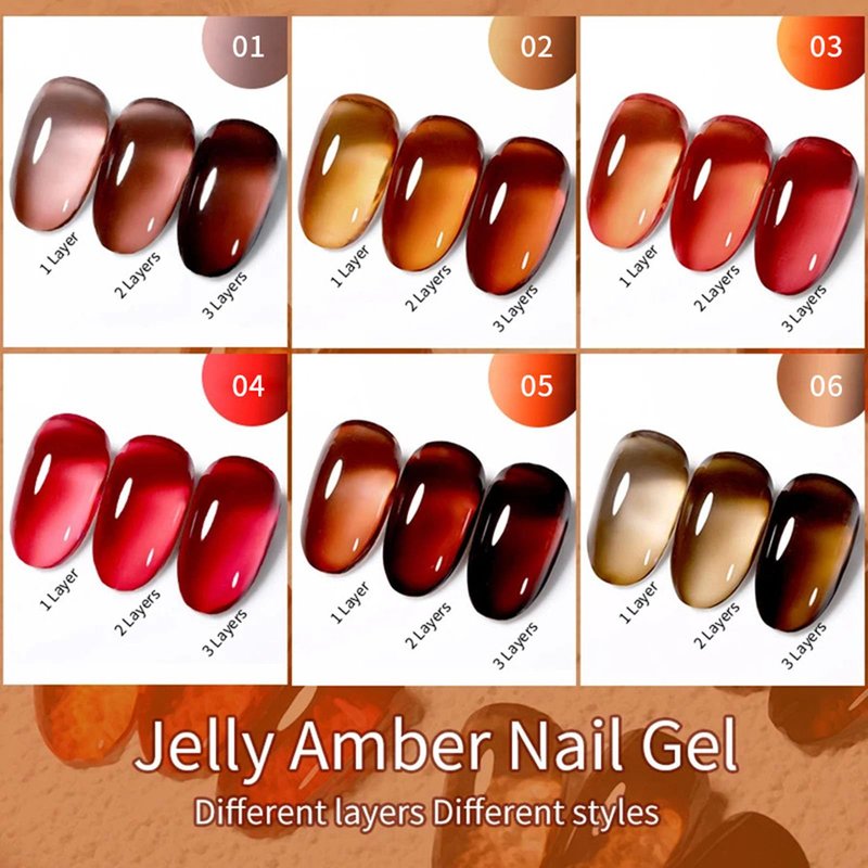 YJLYQF Jelly Amber Gel Polish Set - 6 Translucent Nude Gel Nail Polish, Sheer Tortoise, Red Coral, Burnt Orange, Grey, Amber, Brown - Soak Off UV LED Manicure Art Kit For DIY Home