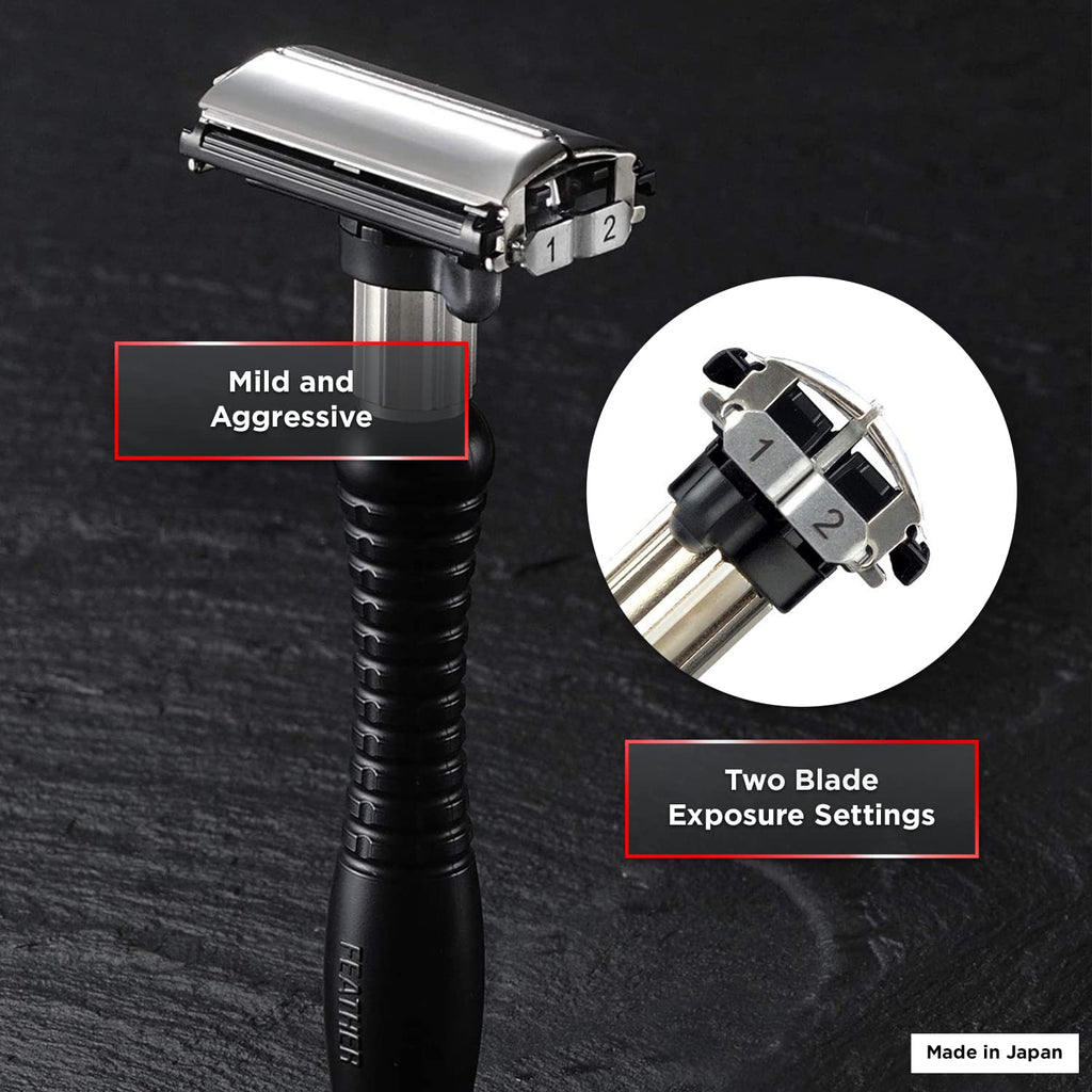 Feather Adjustable Double-Edge Safety Stainless Steel Razor - Men's Shaving Tool with 2 Shave Settings and Butterfly Opening - Double Edge Blades for Barbers & Beard Grooming - Made in Japan